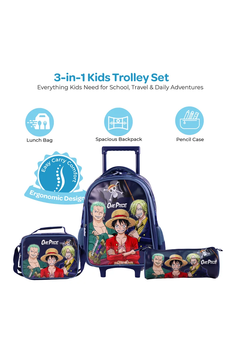 مون MOON Licensed One Piece3 in 1 Kids Trolley Set   - (16-Inch) Premium Kids School Bag with Lunch Bag & Pencil Case-Blue