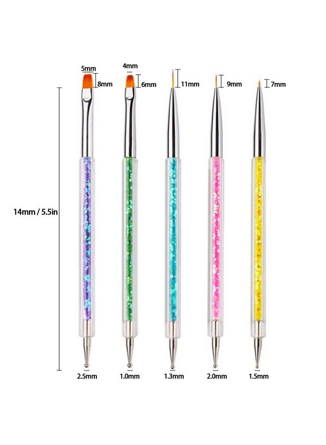AIBEE Nail Art Brushes, 5pcs Double-Ended Acrylic Nail Brush Including 7/9/11mm Nail Liner Brush Flat Brushes and Nail Dotting Tools for Nail Art Design