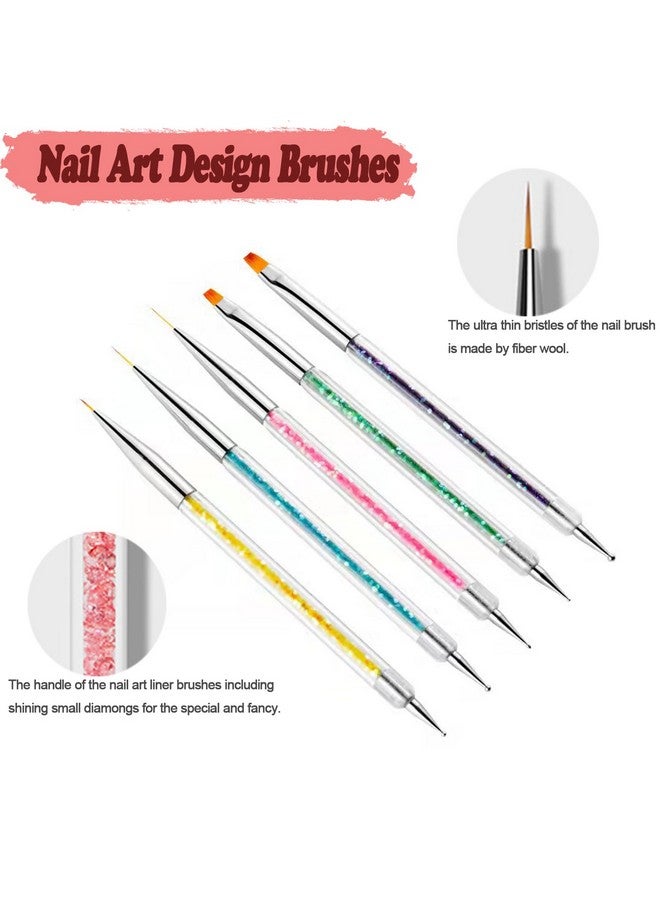 AIBEE Nail Art Brushes, 5pcs Double-Ended Acrylic Nail Brush Including 7/9/11mm Nail Liner Brush Flat Brushes and Nail Dotting Tools for Nail Art Design