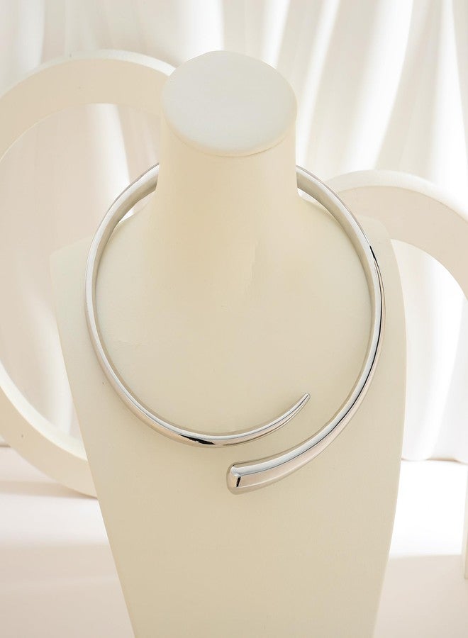 WOWORAMA قلادة شوكر فضية سميكة من WOWORAMA للنساء، قلادة على شكل دمعة، قلادة معدنية مفتوحة، قلادة شوكر فضية مميزة - Image 5