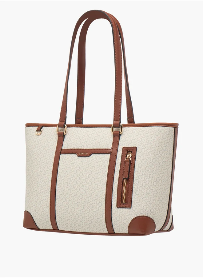 سيليست Monogram Print Tote Bag with Double Handles and Zip Closure