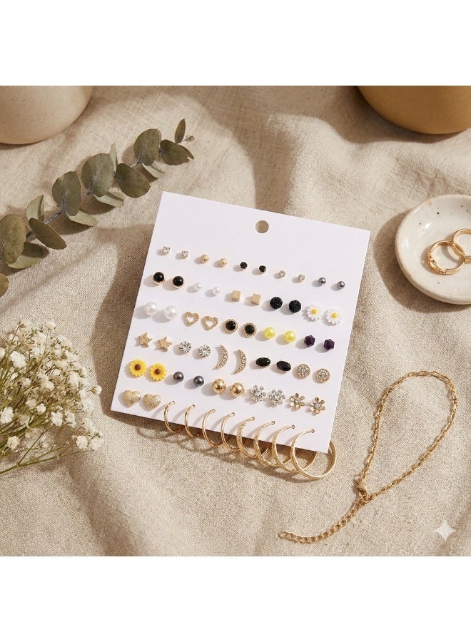 ووفيكسر مجموعة أقراط متنوعة تضم أكثر من 30 زوجًا من الأقراط المرصعة والحلقية، تتضمن أقراطًا ذهبية على شكل زهرة عباد الشمس وقمر ونجمة وكريستال أسود، بالإضافة إلى مجوهرات من اللؤلؤ والأشكال الهندسية، هدية مثالية للنساء والفتيات. - Image 2