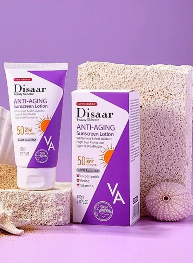 Disaar Anti-Aging Sunscreen Lotion SPF 50 PA+++ with Niacinamide, Retinol & Vitamin C – 80g - Image 1