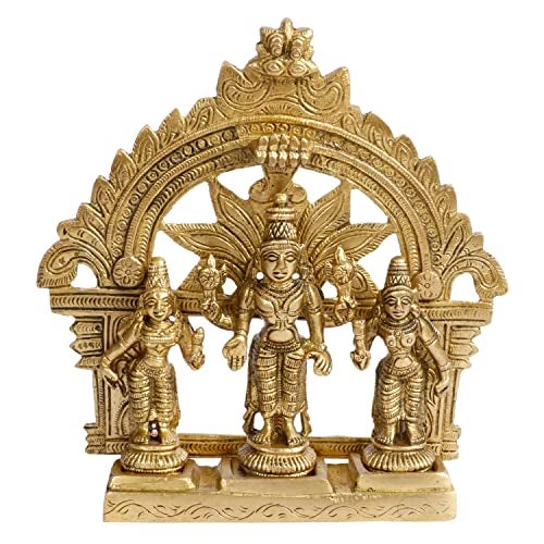 ARTVARKO Brass Lord Vishnu with Sridevi and Bhudevi Parivar Darbar Swami Satyanarayan Idol for Puja Gift Living Room Decoration Home Décor Height 5.5 Inch - Image 2