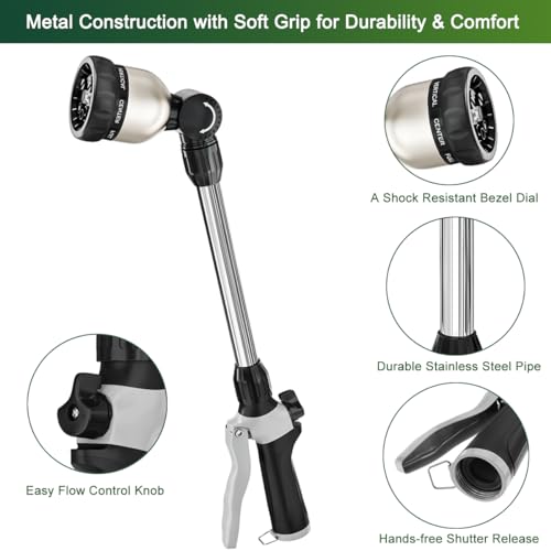 FANHAO Watering Wand Heavy Duty, 16 Inches Metal Garden Hose Wand with 8 Spray Patterns, Long Hose Nozzle Sprayer with ON/OFF Thumb Control, Perfect for Hanging Baskets, Shrubs, Garden and Lawn - Image 3