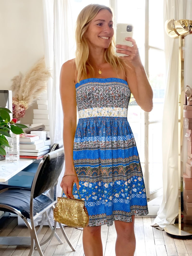 CHICGAL Summer Dresses for Women Beach Cover Ups Strapless Boho Floral Print Sundress(Flower Blue,M) - Image 2