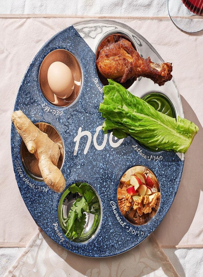 Rite Lite Starry Night Ceramic Seder Plate – Elegant Navy Blue & Silver Design with Hebrew & English Food Labels, 12" Handcrafted Plate for Passover Seder Table Decor, Premium Holiday Pesach Gift Idea - Image 1