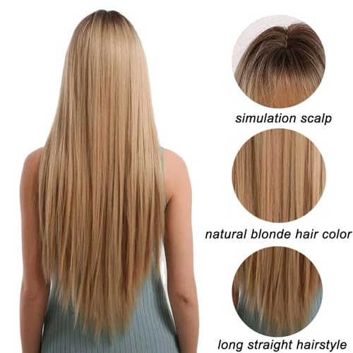 EMMOR Ombre Blonde Wig with bangs for Women, Long Straight Natural Synthetic Hair Dark Root Wigs, Party Cosplay Daily Use (28" Ombre Blonde) - Image 3