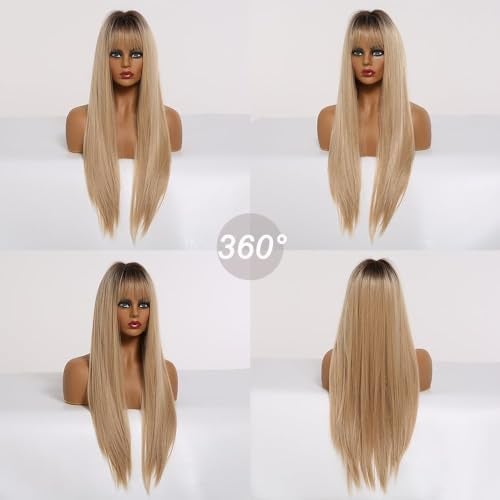 EMMOR Ombre Blonde Wig with bangs for Women, Long Straight Natural Synthetic Hair Dark Root Wigs, Party Cosplay Daily Use (28" Ombre Blonde) - Image 2