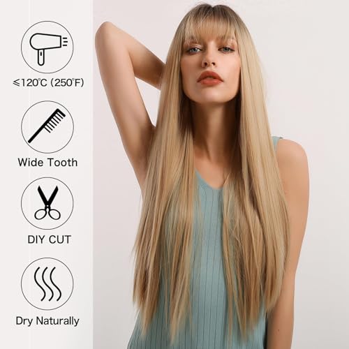 EMMOR Ombre Blonde Wig with bangs for Women, Long Straight Natural Synthetic Hair Dark Root Wigs, Party Cosplay Daily Use (28" Ombre Blonde) - Image 5