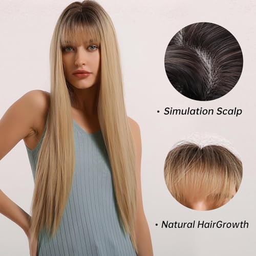 EMMOR Ombre Blonde Wig with bangs for Women, Long Straight Natural Synthetic Hair Dark Root Wigs, Party Cosplay Daily Use (28" Ombre Blonde) - Image 4