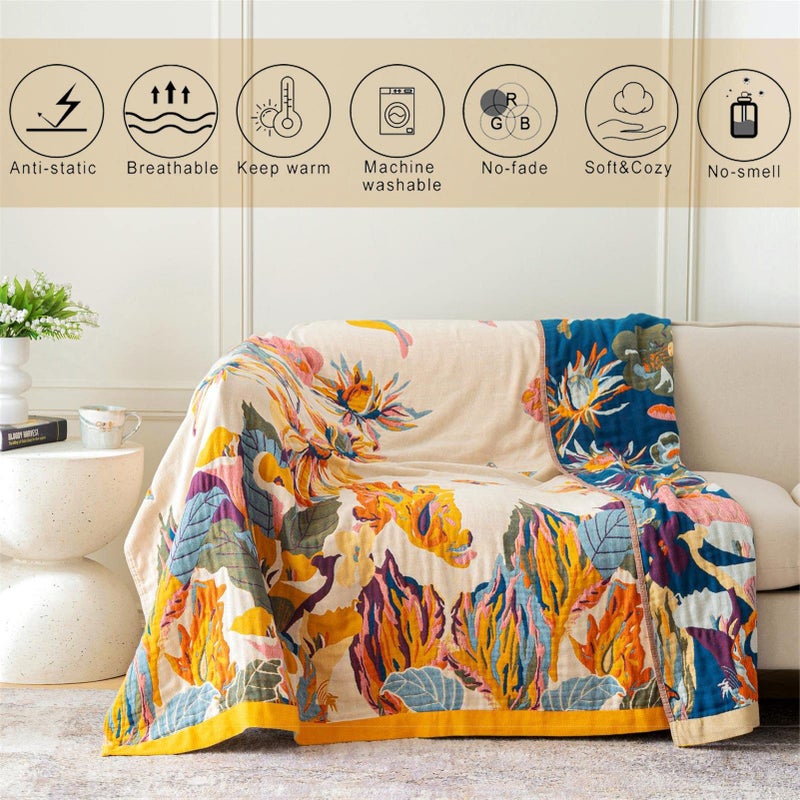 MSGKV Boho Throw Blanket 60''x80'',100% Cotton Blanket for Couch Bed, Spring Breathable Quilt Farmhouse Home Decor Soft Lightweight Picnic Blankets - Image 3
