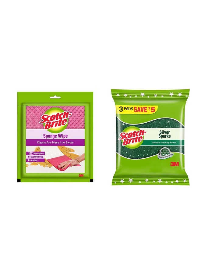 Scotch  Sponge Wipe Large For Kitchen Cleaning(1 Unit) & Silver Sparks Scrub Pad 3S Pack X 3 Pack For Dishwashing (9 Units) - Image 1
