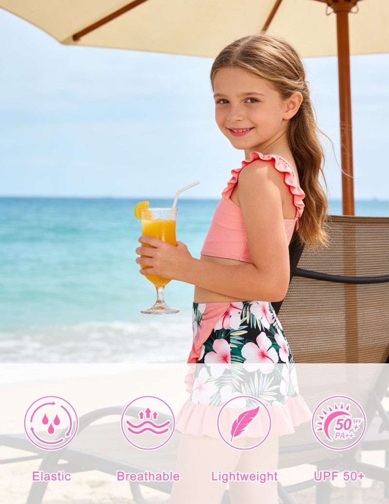 ALISISTER Little Girls Bathing Suits 3 Piece Swimsuit Hawaii Tropical Leaf Printed Bikini Tankini Sets with Cover Up Skirt Summer Beach Swimwear 7-8 Years Old Pink Floral - Image 4