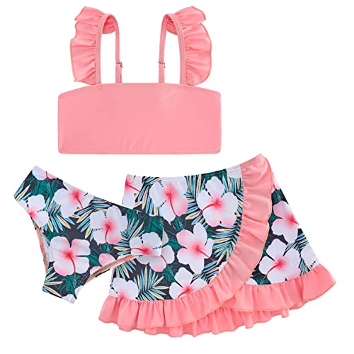 ALISISTER Little Girls Bathing Suits 3 Piece Swimsuit Hawaii Tropical Leaf Printed Bikini Tankini Sets with Cover Up Skirt Summer Beach Swimwear 7-8 Years Old Pink Floral - Image 1