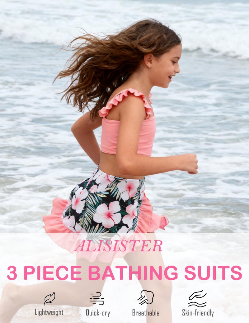 ALISISTER Little Girls Bathing Suits 3 Piece Swimsuit Hawaii Tropical Leaf Printed Bikini Tankini Sets with Cover Up Skirt Summer Beach Swimwear 7-8 Years Old Pink Floral - Image 3