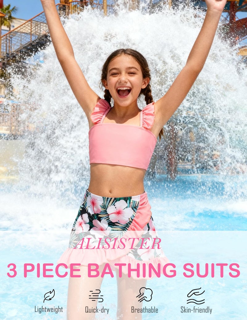 ALISISTER Little Girls Bathing Suits 3 Piece Swimsuit Hawaii Tropical Leaf Printed Bikini Tankini Sets with Cover Up Skirt Summer Beach Swimwear 7-8 Years Old Pink Floral - Image 5