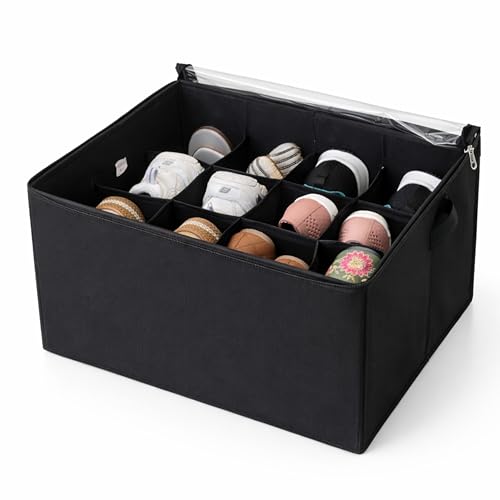 Sopent Shoe Organiser & Shoe Storage Organizer – 12 Compartment / 16 Pair Capacity, Space Saver Foldable Fabric Shoe Box with Clear Dustproof Cover for Wardrobe - Image 1