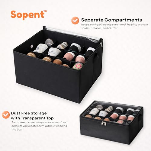 Sopent Shoe Organiser & Shoe Storage Organizer – 12 Compartment / 16 Pair Capacity, Space Saver Foldable Fabric Shoe Box with Clear Dustproof Cover for Wardrobe - Image 4