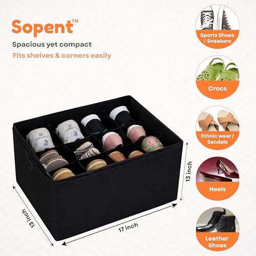 Sopent Shoe Organiser & Shoe Storage Organizer – 12 Compartment / 16 Pair Capacity, Space Saver Foldable Fabric Shoe Box with Clear Dustproof Cover for Wardrobe - Image 2