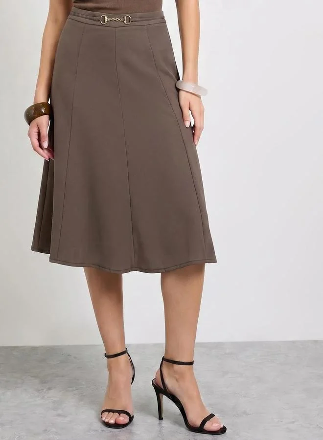 ستايلي Brown Knee Length Skirt With Buckle Accent