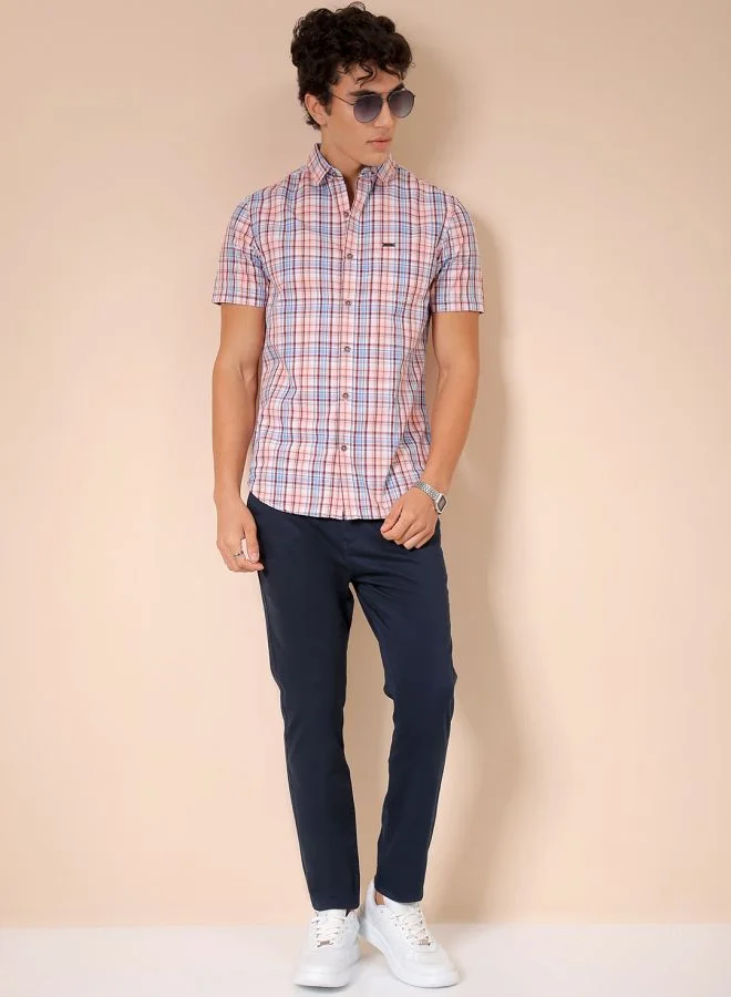 The Indian Garage Co Men Slim Fit Checkered Half Sleeves Cutaway Collar Casual Shirt