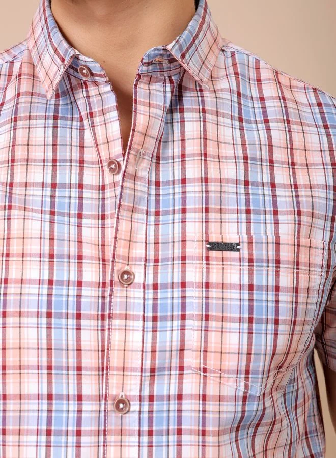 The Indian Garage Co Men Slim Fit Checkered Half Sleeves Cutaway Collar Casual Shirt