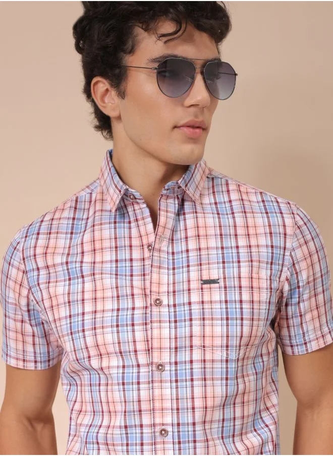 شركة المرآب الهندية Men Slim Fit Checkered Half Sleeves Cutaway Collar Casual Shirt