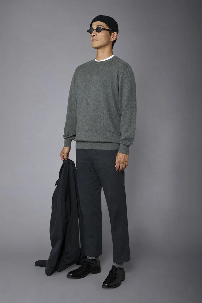 دوبل غانغر Men's roundneck wool and cotton sweater - MD Grey