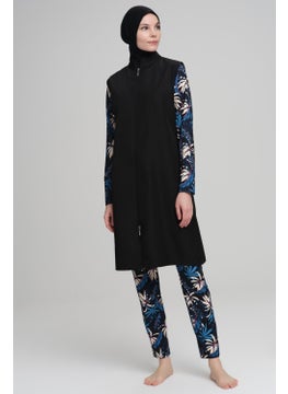 Nehar Blue Leaf Patterned Black Vest 3 Piece Hijab Swimsuit Set 2226  - Image 1