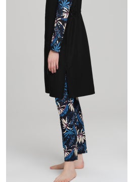Nehar Blue Leaf Patterned Black Vest 3 Piece Hijab Swimsuit Set 2226  - Image 4