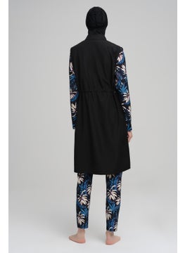 Nehar Blue Leaf Patterned Black Vest 3 Piece Hijab Swimsuit Set 2226  - Image 2