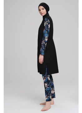 Nehar Blue Leaf Patterned Black Vest 3 Piece Hijab Swimsuit Set 2226  - Image 3