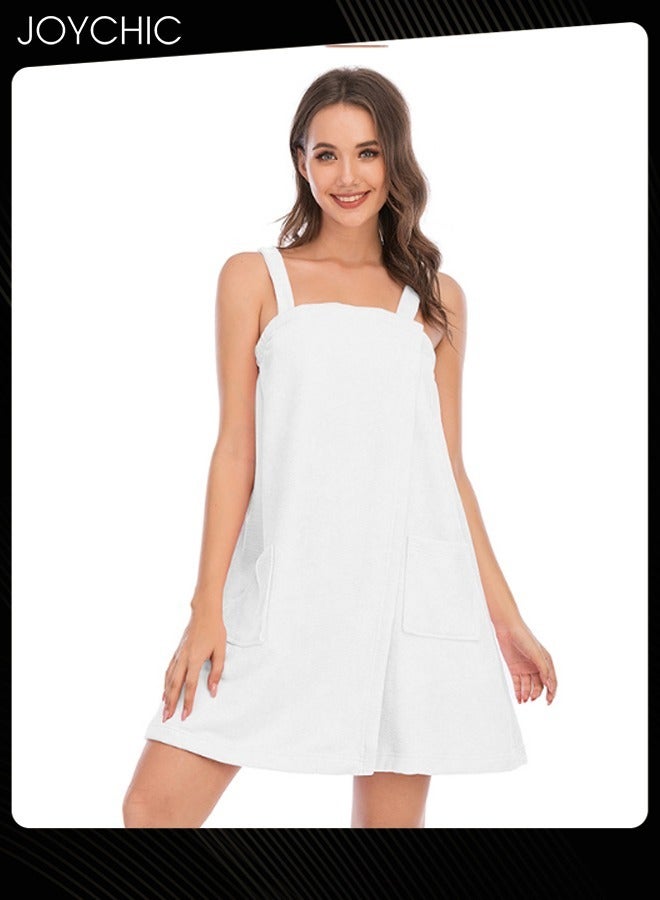 Joychic Women Solid Color Polyester Skin-friendly and Absorb- water Bathrobe Massage Stickers Suspenders Nightgown with Pockets for All Seasons White - Image 1