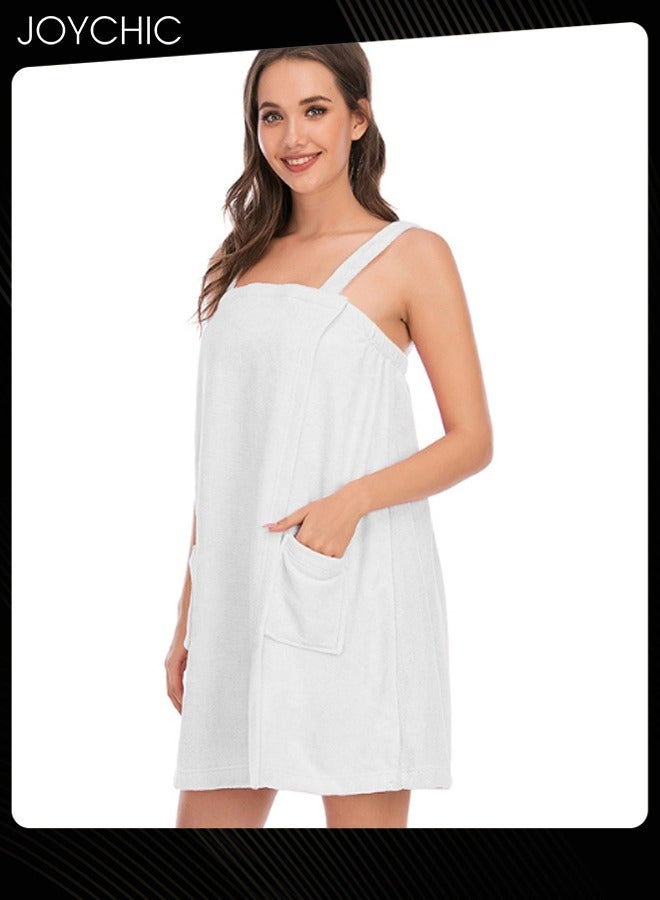 Joychic Women Solid Color Polyester Skin-friendly and Absorb- water Bathrobe Massage Stickers Suspenders Nightgown with Pockets for All Seasons White - Image 2