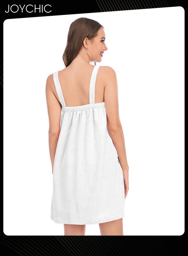 Joychic Women Solid Color Polyester Skin-friendly and Absorb- water Bathrobe Massage Stickers Suspenders Nightgown with Pockets for All Seasons White - Image 3