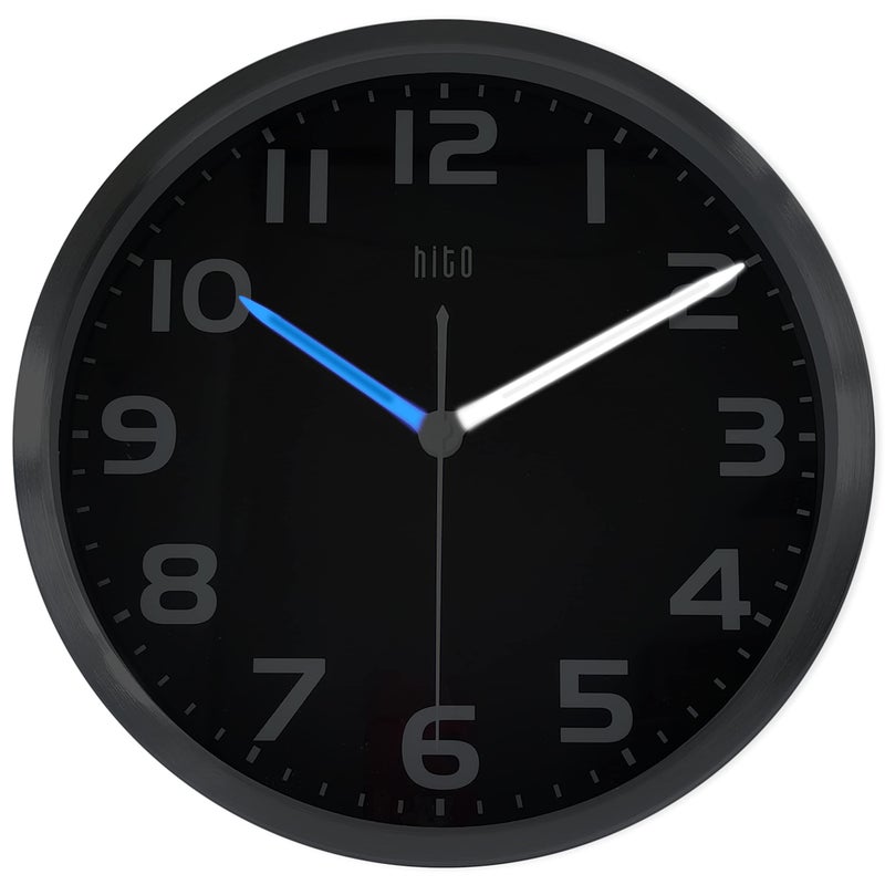 HITO 12 Inch Night Light Wall Clock Battery Operated Brightness Adjustable Metal Frame Glass CoverHands Illuminate