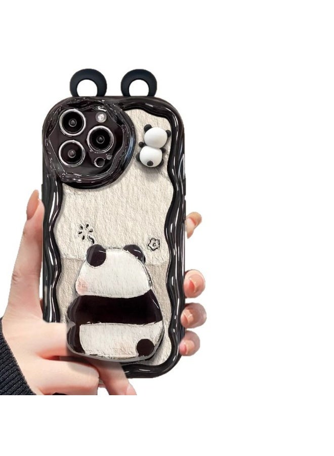 لطيف الباندا iPhone16promax حالة الكرتون 3D آذان الباندا متموج حافة حامي ، غطاء الهاتف الخلفي سيليكون الناعم - Image 1
