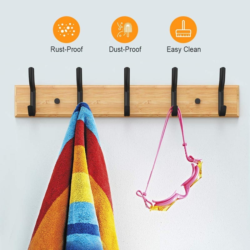 Anjuer Coat Rack Clothes Hanger 5 Hooks Hat Rack Heavy Duty Bamboo Board Hooks Black - Image 2