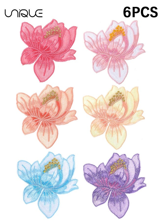 Unique 6 PCS Blooming Lotus Iron on Patches, Lotus Flower Embroidered Applique, Creative Iron on Sew on Decorative Emblem, Embroidery Patches for Clothes Jeans Jacket Hats Bags DIY Sewing Craft Decoration - 8*8 cm - Image 1