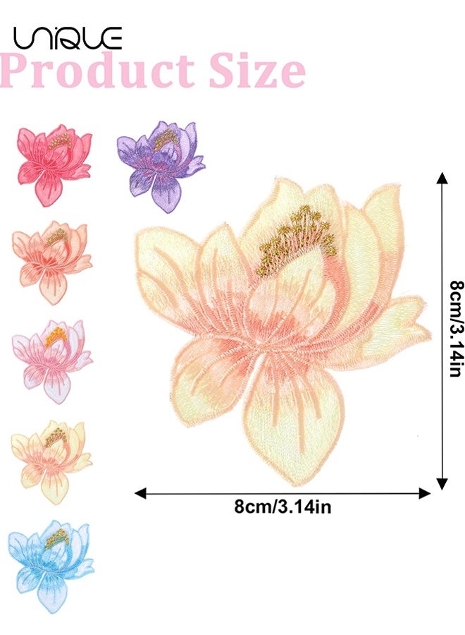 Unique 6 PCS Blooming Lotus Iron on Patches, Lotus Flower Embroidered Applique, Creative Iron on Sew on Decorative Emblem, Embroidery Patches for Clothes Jeans Jacket Hats Bags DIY Sewing Craft Decoration - 8*8 cm - Image 2