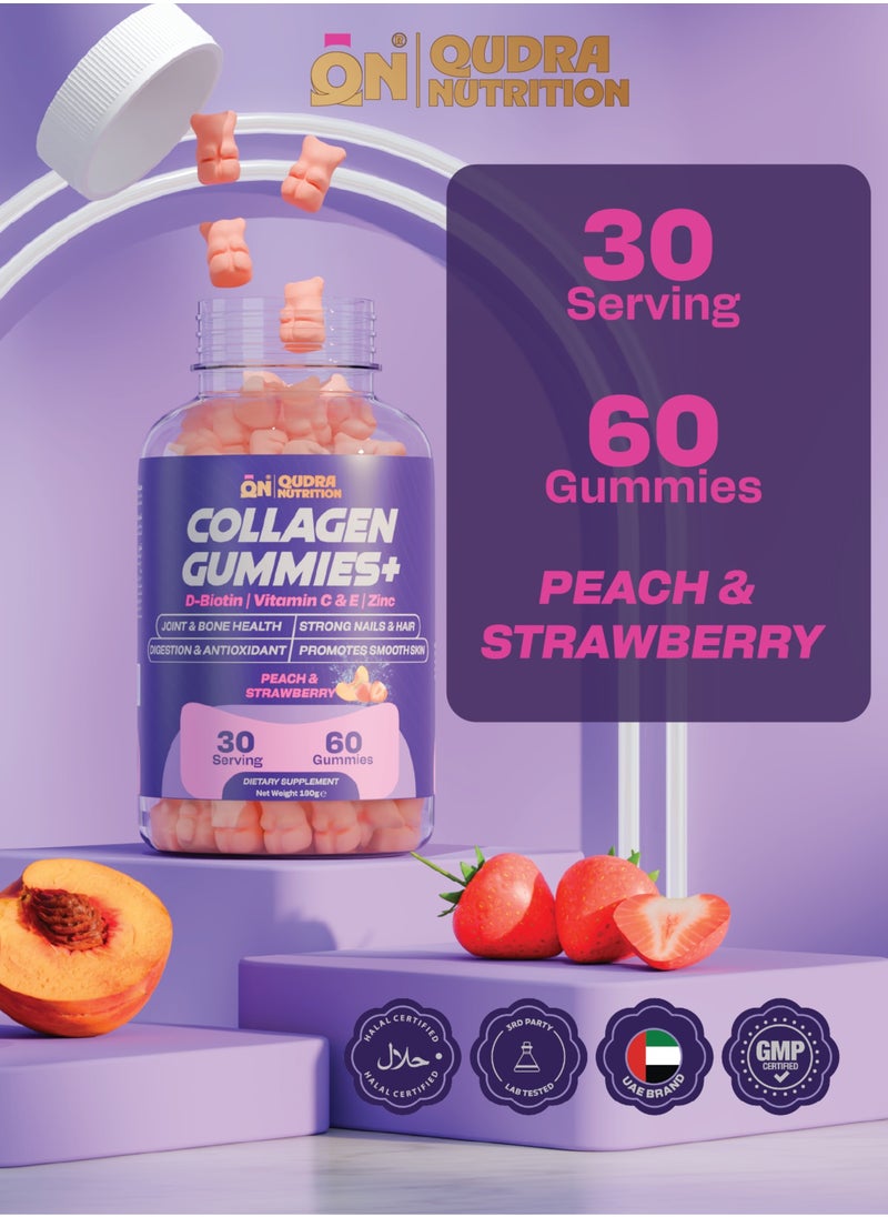 Qudra Nutrition Collagen Gummies Plus D-Biotin, Vitamins C & E, and Zinc for Joint and Bones Health, Strong Nails and Hair, Promotes Smooth Skin $ Digestion, Vegan Gummies - Beach & Strawberry Flavour, UAE Brand - 3rd Party Tested for Active Content Used for Men and Women