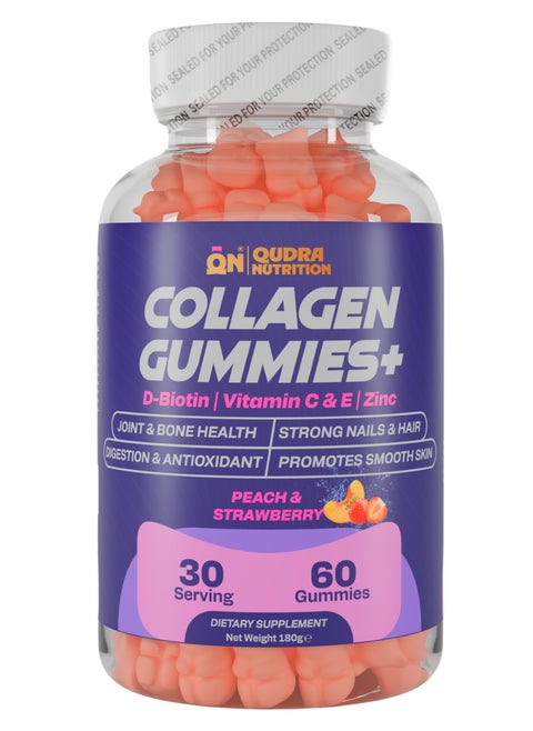 Qudra Nutrition Collagen Gummies Plus D-Biotin, Vitamins C & E, and Zinc for Joint and Bones Health, Strong Nails and Hair, Promotes Smooth Skin $ Digestion, Vegan Gummies - Beach & Strawberry Flavour, UAE Brand - 3rd Party Tested for Active Content Used for Men and Women