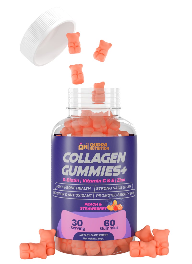 Qudra Nutrition Collagen Gummies Plus D-Biotin, Vitamins C & E, and Zinc for Joint and Bones Health, Strong Nails and Hair, Promotes Smooth Skin $ Digestion, Vegan Gummies - Beach & Strawberry Flavour, UAE Brand - 3rd Party Tested for Active Content Used for Men and Women