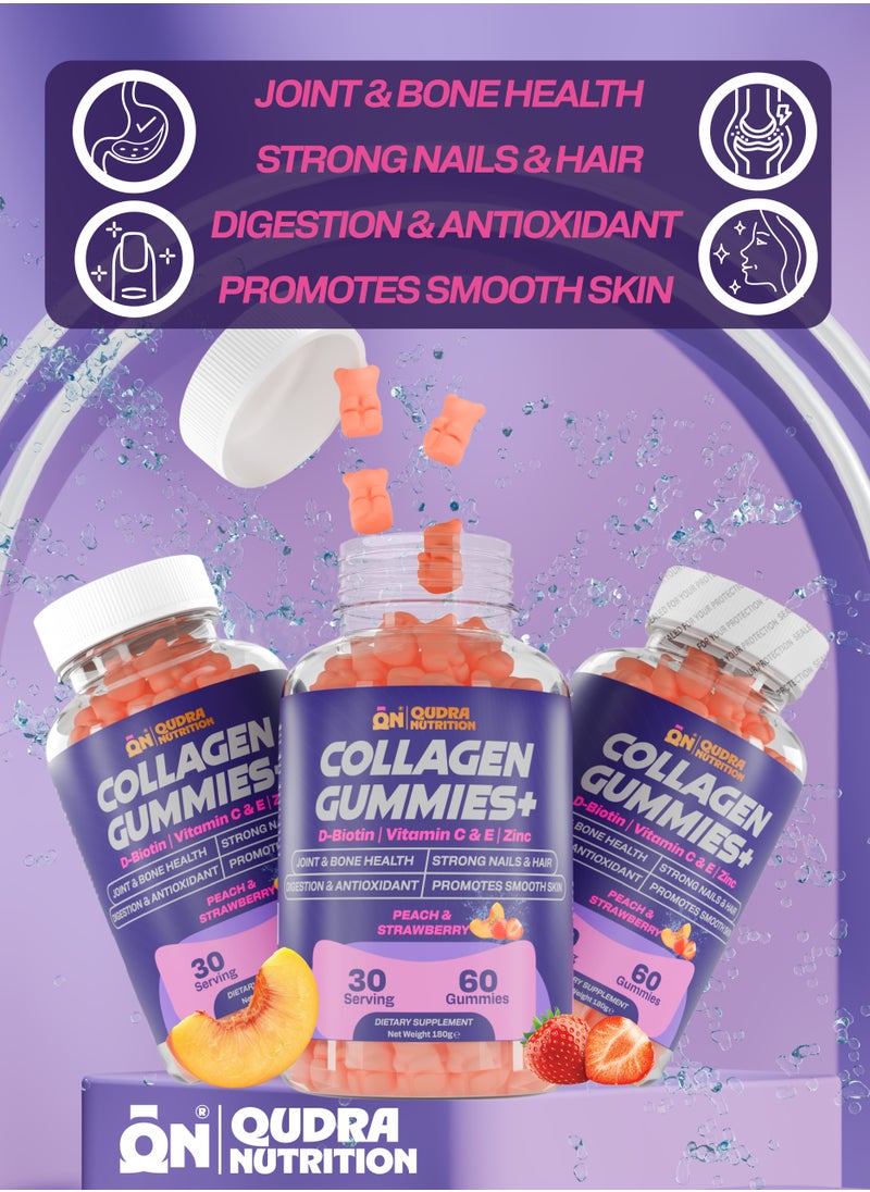Qudra Nutrition Collagen Gummies Plus D-Biotin, Vitamins C & E, and Zinc for Joint and Bones Health, Strong Nails and Hair, Promotes Smooth Skin $ Digestion, Vegan Gummies - Beach & Strawberry Flavour, UAE Brand - 3rd Party Tested for Active Content Used for Men and Women