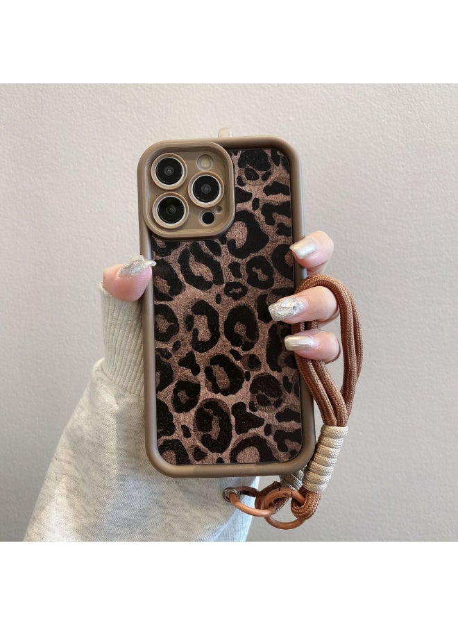 NIBEMINENT غطاء حماية TPU بنمط الفهد مع حبل لجهاز iPhone 16 Pro Max، طباعة فهد بني مع حبل - Image 2