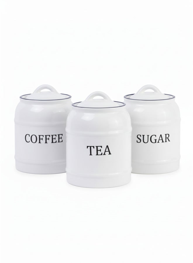 CASA HOME CasaHome Enamel Coffee Tea Sugar Canister Set, 3-Piece Kitchen Countertop Storage Jars with Lids, Porcelain White with Black Rim - Image 2