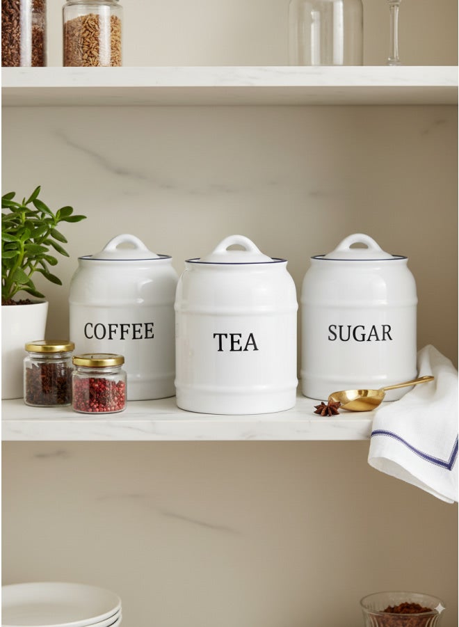 CASA HOME CasaHome Enamel Coffee Tea Sugar Canister Set, 3-Piece Kitchen Countertop Storage Jars with Lids, Porcelain White with Black Rim - Image 1