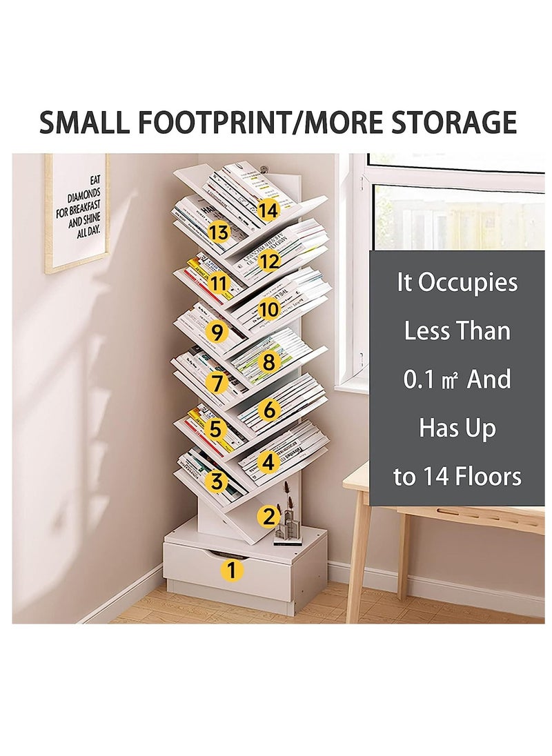 Arabest - 14 Shelf Bookshelf,Tree Bookcase with Storage Box,Wood Bookshelves Storage Rack, Tree Book Shelf Display Organizer for Books,Magazines,CDs and Photo Album Holds Up to 5kgs Per Shelf - Image 1