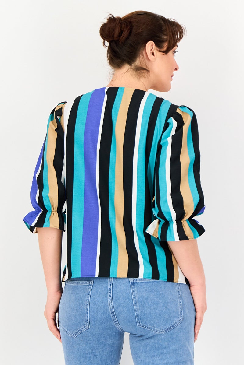 VERO MODA I Scenery by Vero Moda Women Crew Neck Elbow Sleeve Stripe Blouse, Multicolor - Image 3